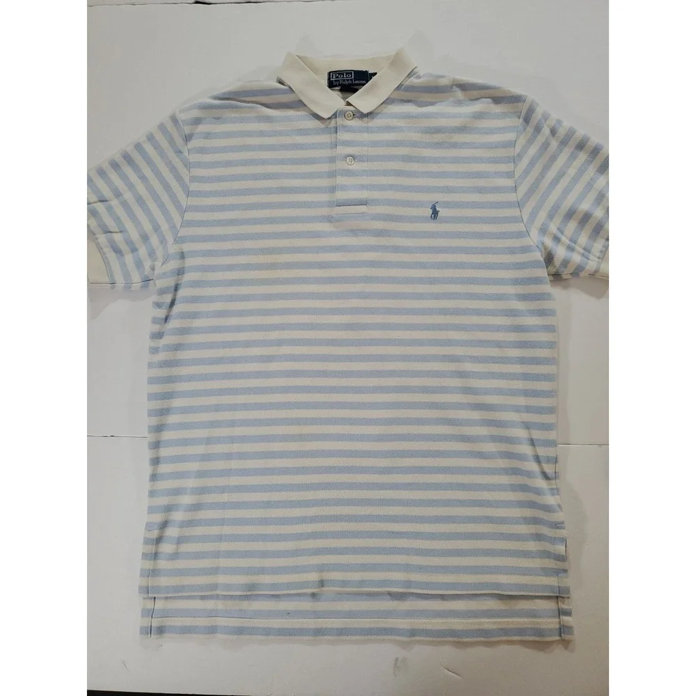 Polo Ralph Lauren Polo Shirt Mens Large White Blue Striped‎ Vintage Shirt